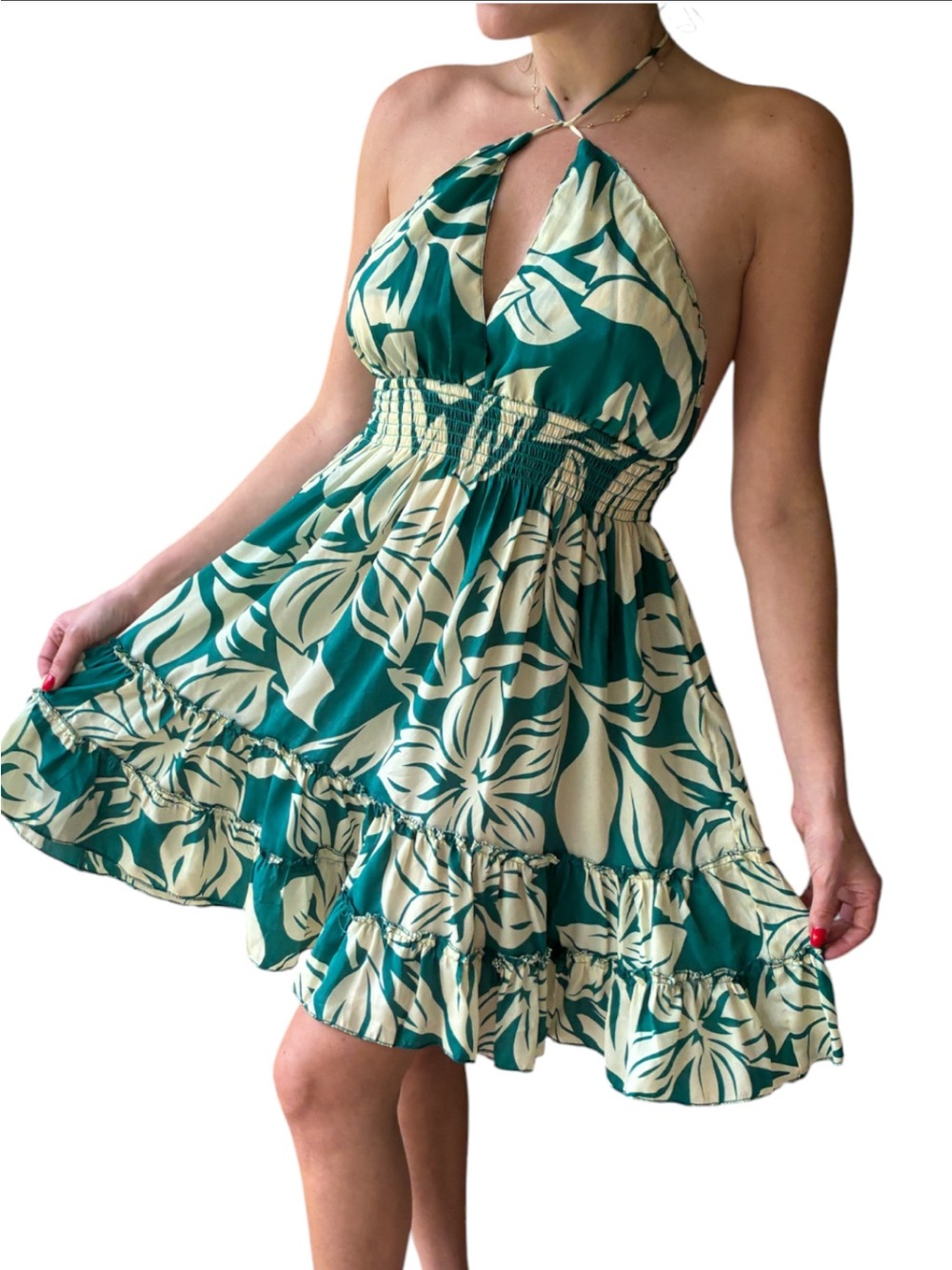 Zury Silk Blend Tropical Halter Mini Dress Green/Ivory Boho Resort Casual O/S